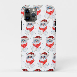 Capa Para iPhone 11 Pro Gato Prata e Branco de Natal com Chapéu de Papai N