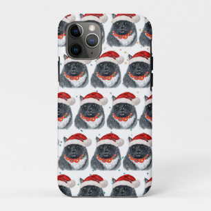 Capa Para iPhone 11 Pro Gato Preto e Branco Aquarela Chapéu de Papai Noel