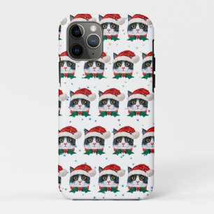 Capa Para iPhone 11 Pro Gato Preto e Branco Fofo Com Chapéu de Papai Noel