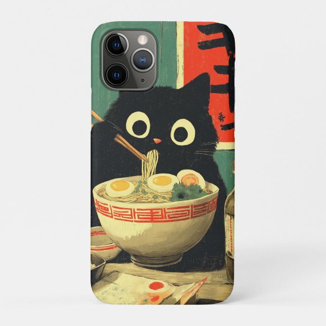 Capa Para iPhone 11 Pro Gato Preto Engraçado Comendo Ramen (Verso)