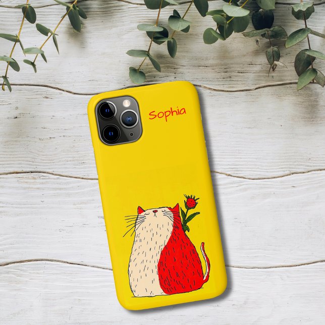Capa Para iPhone 11 Pro Gato Vermelho e Branco com Flor (Criador carregado)