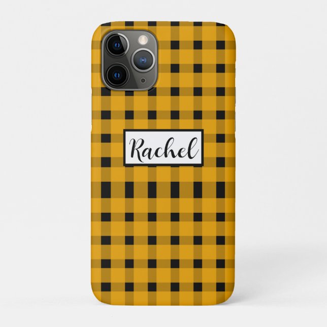 Capa Para iPhone 11 Pro Gingham Preto Amarelo Personalizado (Verso)