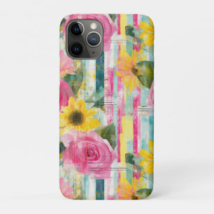 Capa Para iPhone 11 Pro Girassol Rosa Rosa Teal Floral de Verão