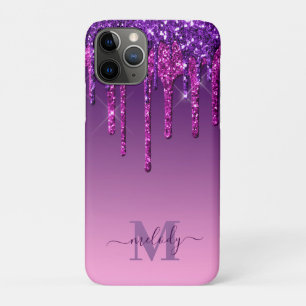 Capa Para iPhone 11 Pro Girly Glam Purple Faux Glitter Monograma