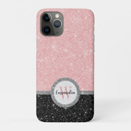 Capa Para iPhone 11 Pro Girly Pink Black Glitter Monographic Name