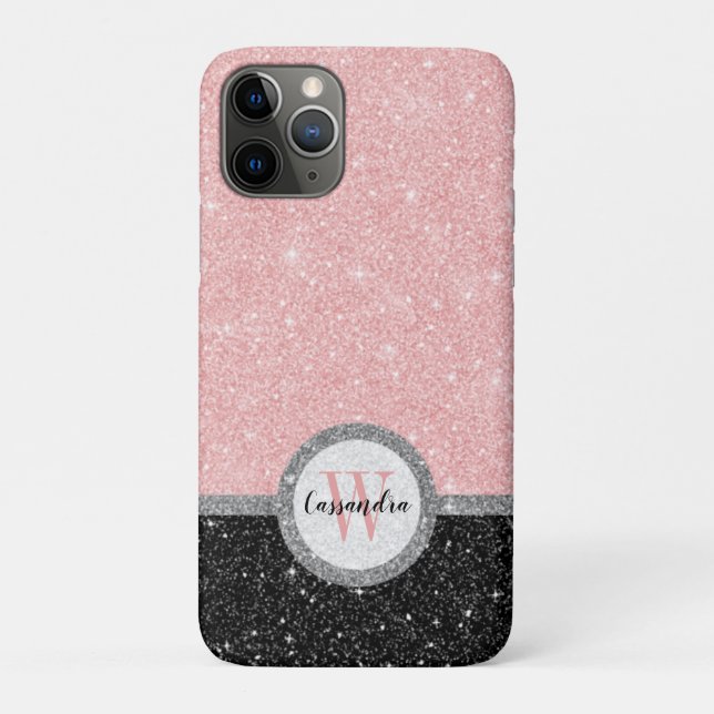Capa Para iPhone 11 Pro Girly Pink Black Glitter Monographic Name (Verso)