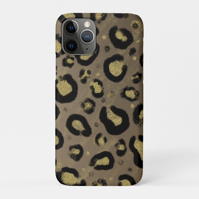 Capa Para iPhone 11 Pro Glitter Dourado castanho e Impressão de Leopardo N (Verso)