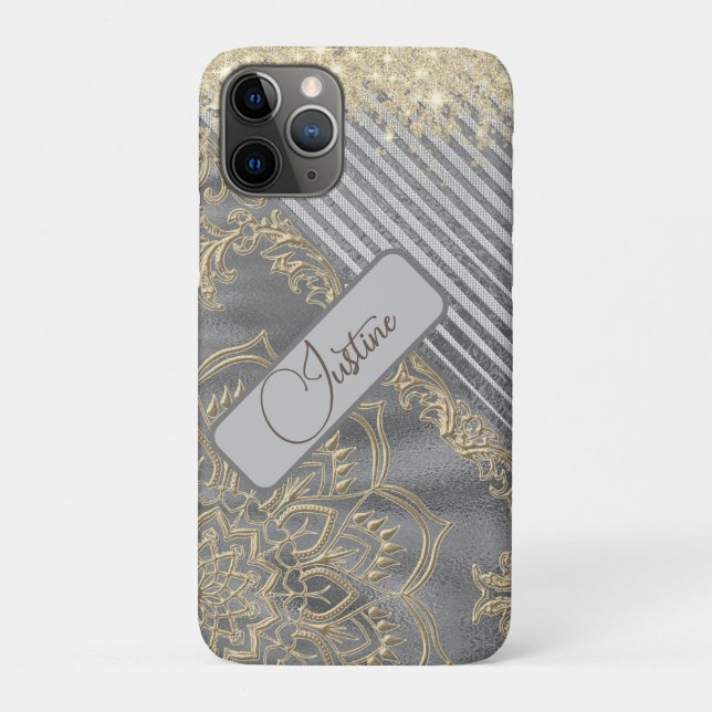 Capa Para iPhone 11 Pro Glittery Chic Mandala Personalizada (Verso)