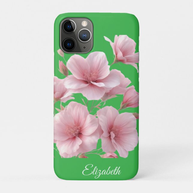Capa Para iPhone 11 Pro Green Floral Soft Pink Flowers Elegant (Verso)