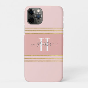 Capa Para iPhone 11 Pro Grelha de Monogramas Dourados, rosa, brilhante