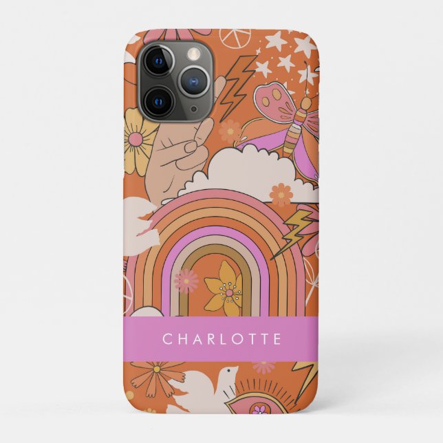 Capa Para iPhone 11 Pro Groovy Anos 70 Retro Hippie Paz Laranja Boêmio (Verso)