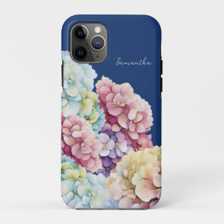 Capa Para iPhone 11 Pro Hydrangea de Aquarela Azul Personalizado