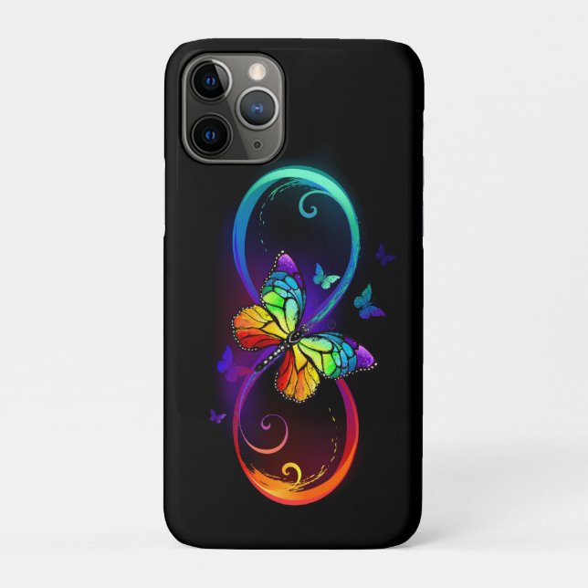 Capa Para iPhone 11 Pro Infinidade vibrante com borboleta arco-íris a pret (Verso)