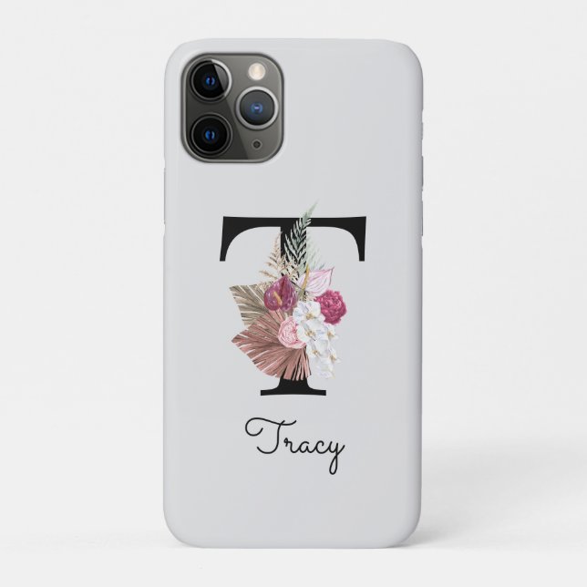 Capa Para iPhone 11 Pro Inicial Floral Rosa Monogramada T (Verso)