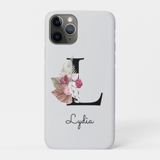 Capa Para iPhone 11 Pro Inicial Monogramada M Rosa Floral Boho (Verso)