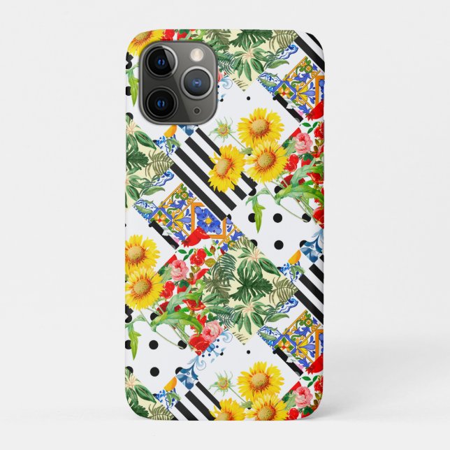 Capa Para iPhone 11 Pro Italiano,Arte Siciliana,retalhos,Flores de Verão   (Verso)