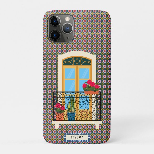 Capa Para iPhone 11 Pro Janela de casa em Lisboa com plantas e azulejos (Verso)