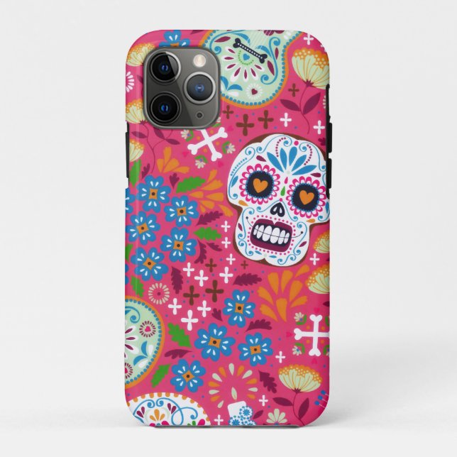 Capa Para iPhone 11 Pro Jardim Floral do Crânio do Rock Rosa (Verso)