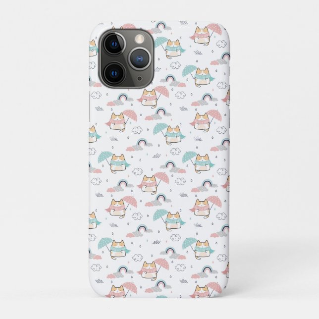 Capa Para iPhone 11 Pro Kawaii Gata Padrão do Dia de Chuva (Verso)