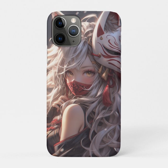 Capa Para iPhone 11 Pro Kitsune Fox Mask Samurai Girl Japonês (Verso)