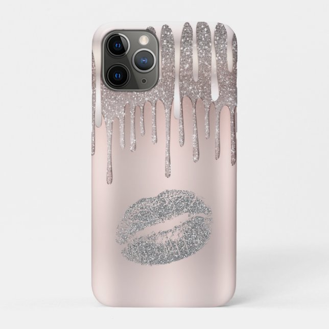 Capa Para iPhone 11 Pro Lábios Prateados Rosa Gelado Brilho de Diamante Dr (Verso)