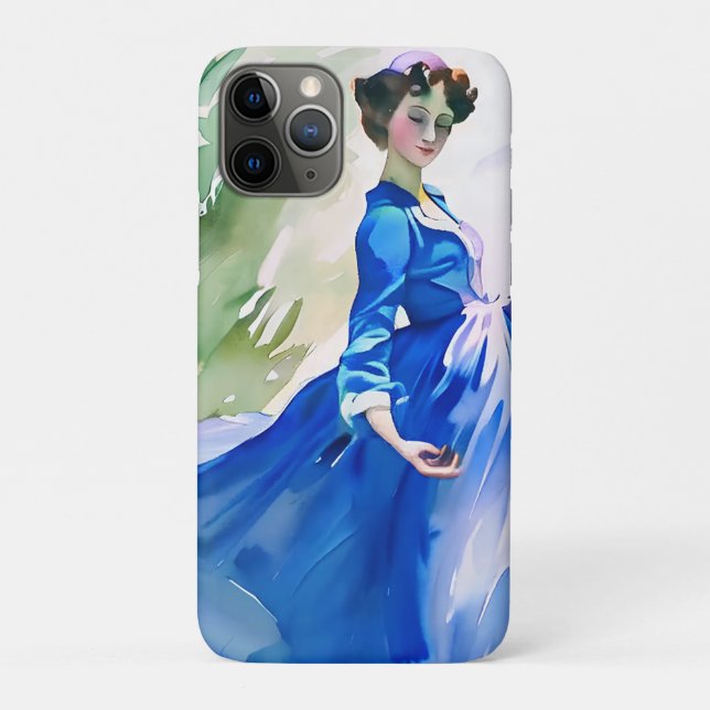 Capa Para iPhone 11 Pro Lady in Blue Vress - Pintura por Aquarela (Verso)