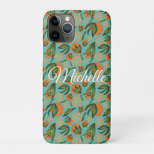 Capa Para iPhone 11 Pro Laranja Aquarela Turquesa Botânica Personalizada (Verso)