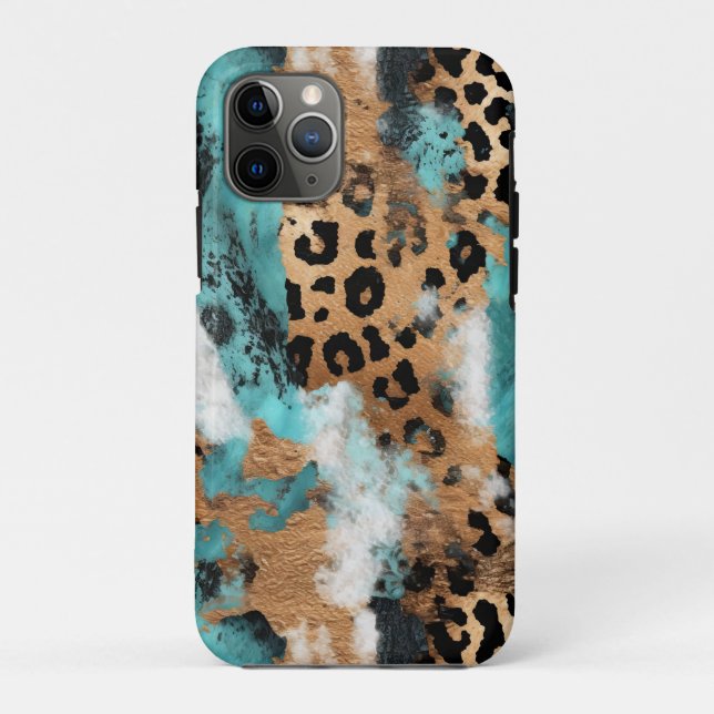Capa Para iPhone 11 Pro Leopardo Negro Dourado Turquesa (Verso)