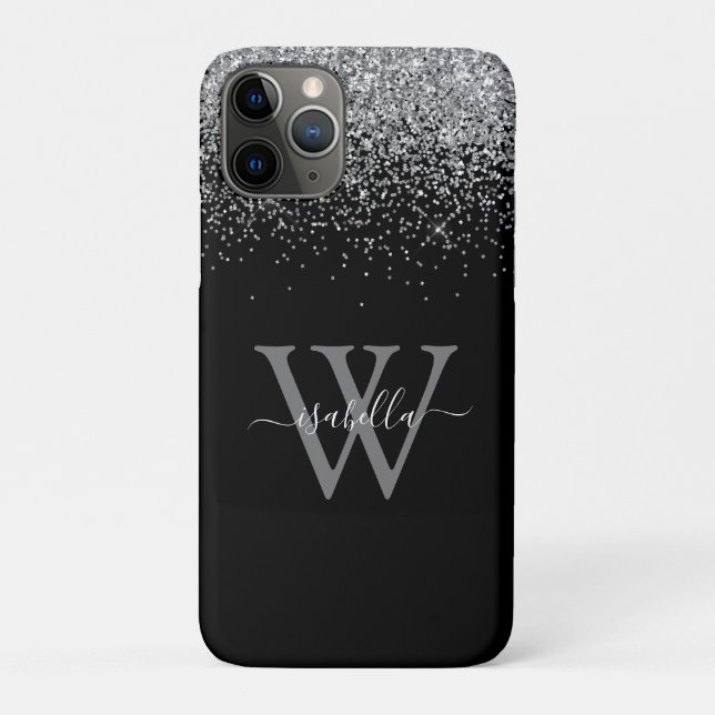 Capa Para iPhone 11 Pro Letra Elegante em Glitter Prata Monogramada (Verso)