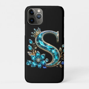 Capa Para iPhone 11 Pro Letra S de Cristal Turquesa e Coroa