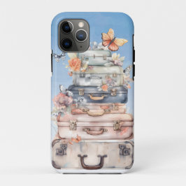 Capa Para iPhone 11 Pro Linda pilha de malas vintage em aquarela com flora