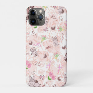 Capa Para iPhone 11 Pro Lindo Coelho Kawaii Japonês e Xadrez Gingham Rosa