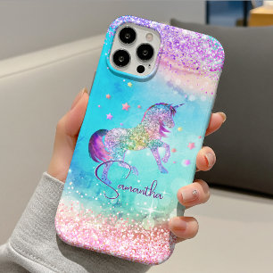 Capa Para iPhone 11 Pro Lindo unicórnio rosa Glitter arco-íris aqua monogr