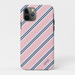 Capa Para iPhone 11 Pro Listras cor-de-rosa do monograma e azuis formais