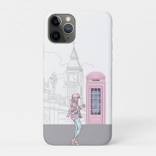 Capa Para iPhone 11 Pro London City Girl com uma caixa de telefones rosa