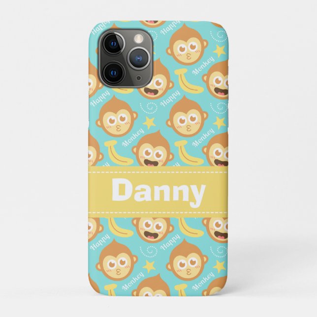 Capa Para iPhone 11 Pro Macaco Fofo e Feliz, Padrão de Bananas e Estrelas (Verso)