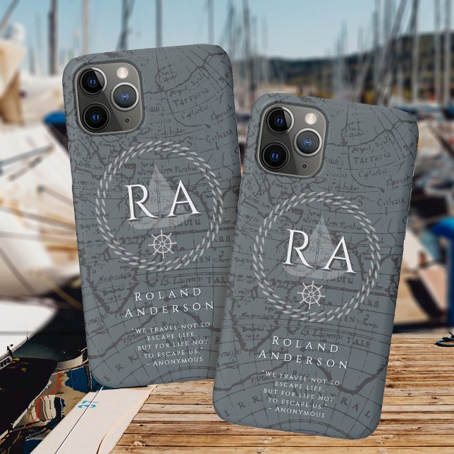 Capa Para iPhone 11 Pro Mapa Monograma de Corda Náutica Cinza (Nautical Map Monogram Traveller Grey iPhone Case.)