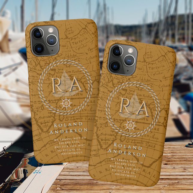 Capa Para iPhone 11 Pro Mapa Monograma de Corda Náutica Marrom (Nautical Map Monogram Traveller Brown iPhone Case.)
