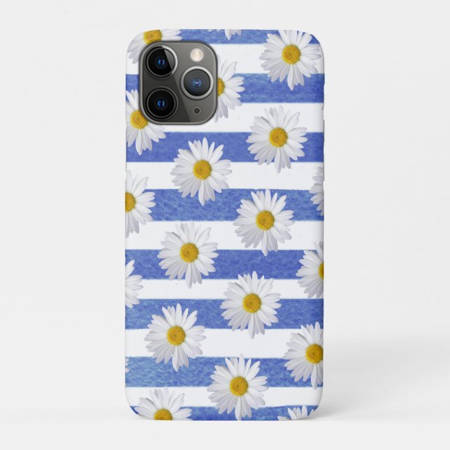 Capa Para iPhone 11 Pro margarida branca com striping azul (Verso)