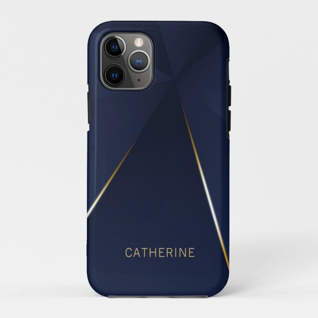 Capa Para iPhone 11 Pro Marinho Chic Azul Dourado Geométrico Nome Personal (Verso)