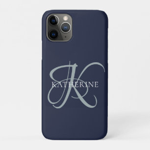Capa Para iPhone 11 Pro Marinho de Script Monograma Elegante Moderno Azul