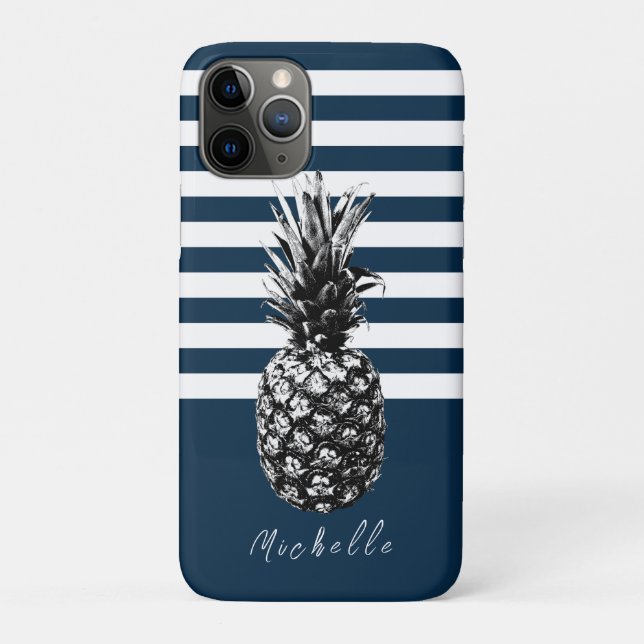 Capa Para iPhone 11 Pro Marinho e ananás branco | Personalizado (Verso)