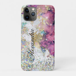 Capa Para iPhone 11 Pro Mármaco Rosa Dourado Única com Glitter Holográfico