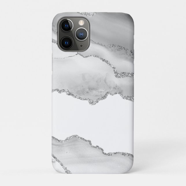 Capa Para iPhone 11 Pro Mármore Branco Cinza Ágata Brilho Prata Simples (Verso)