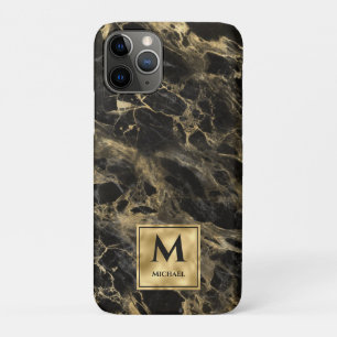 Capa Para iPhone 11 Pro Mármore Preto e Dourado Monograma Luxo Elegante