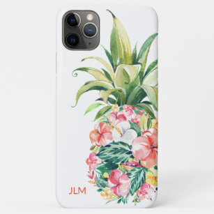 Capa Para iPhone 11 Pro Max Abacaxi Floral de Aquarela Tropical com Iniciais