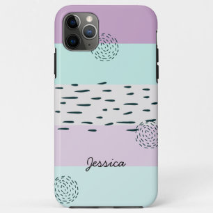 Capa Para iPhone 11 Pro Max Abstrato Doodle Lilac Mint Cinza Stripe Personaliz