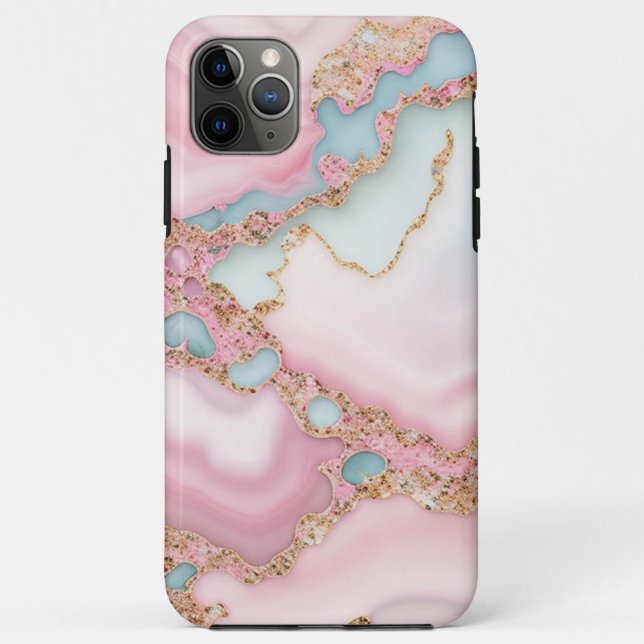Capa Para iPhone 11 Pro Max Agate Marble Modern Blue Coleção Dourada (Verso)