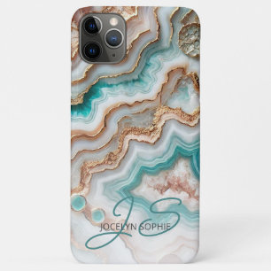 Capa Para iPhone 11 Pro Max Aqua Turquoise Rosa Rosa Dourada Padrão de Arte Ma