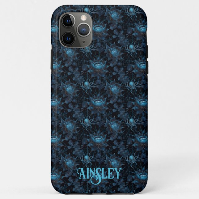 Capa Para iPhone 11 Pro Max Aranha Gótica Preto Floral e Azul (Verso)